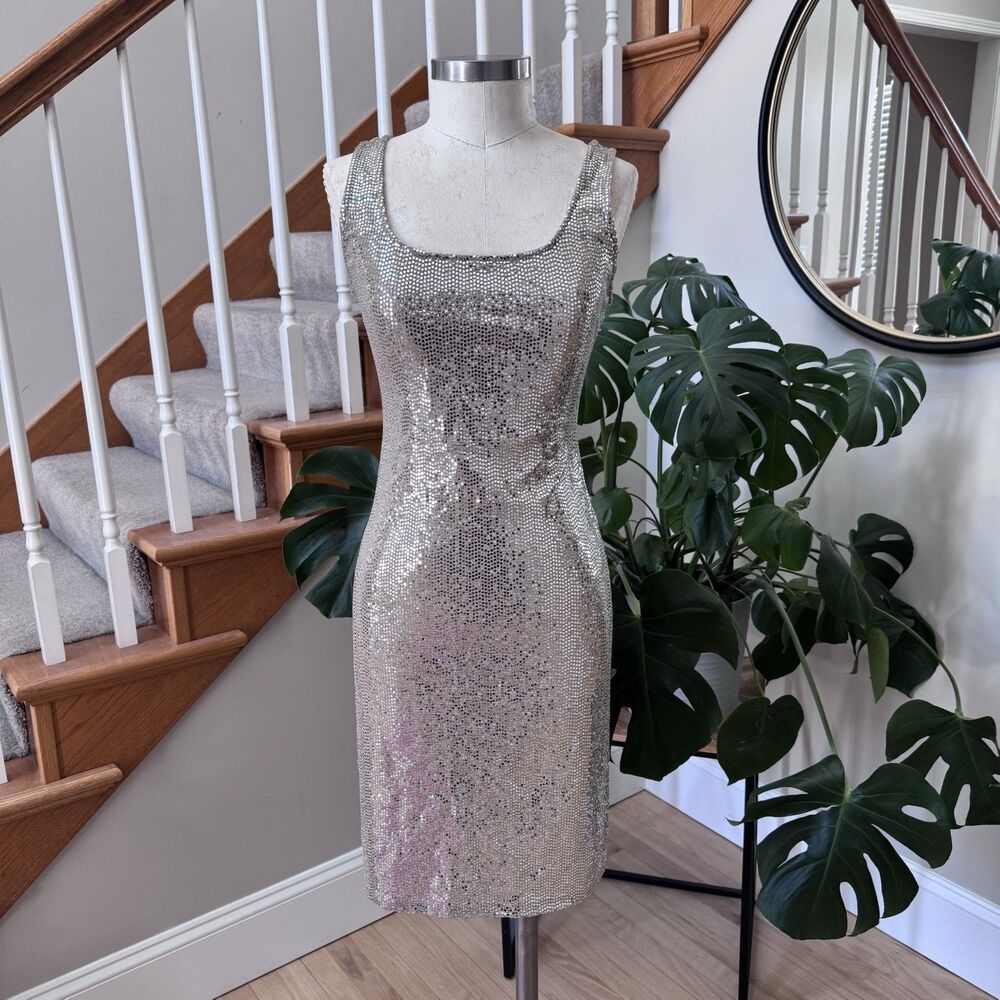 Vintage bebe Y2k Dress Metallic Silver S M Cocktail Bodycon Scoop Tank Club USA